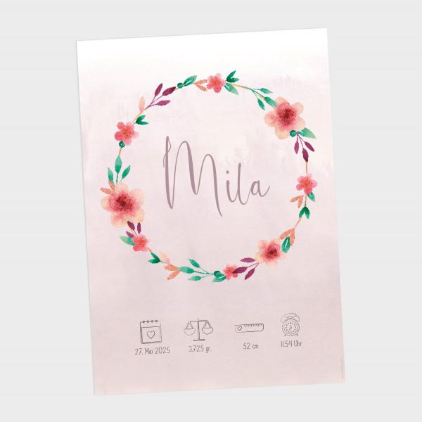 Geburtsposter "Blumenkranz Rosé" | Geburtstafel | Geburtsdaten | Geburtsbild | Geburt Geschenk
